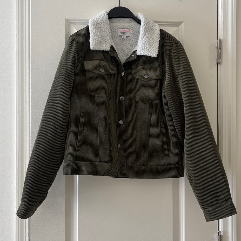 Ci Sono Dark Green Corduroy Jacket with White Sherpa Collar